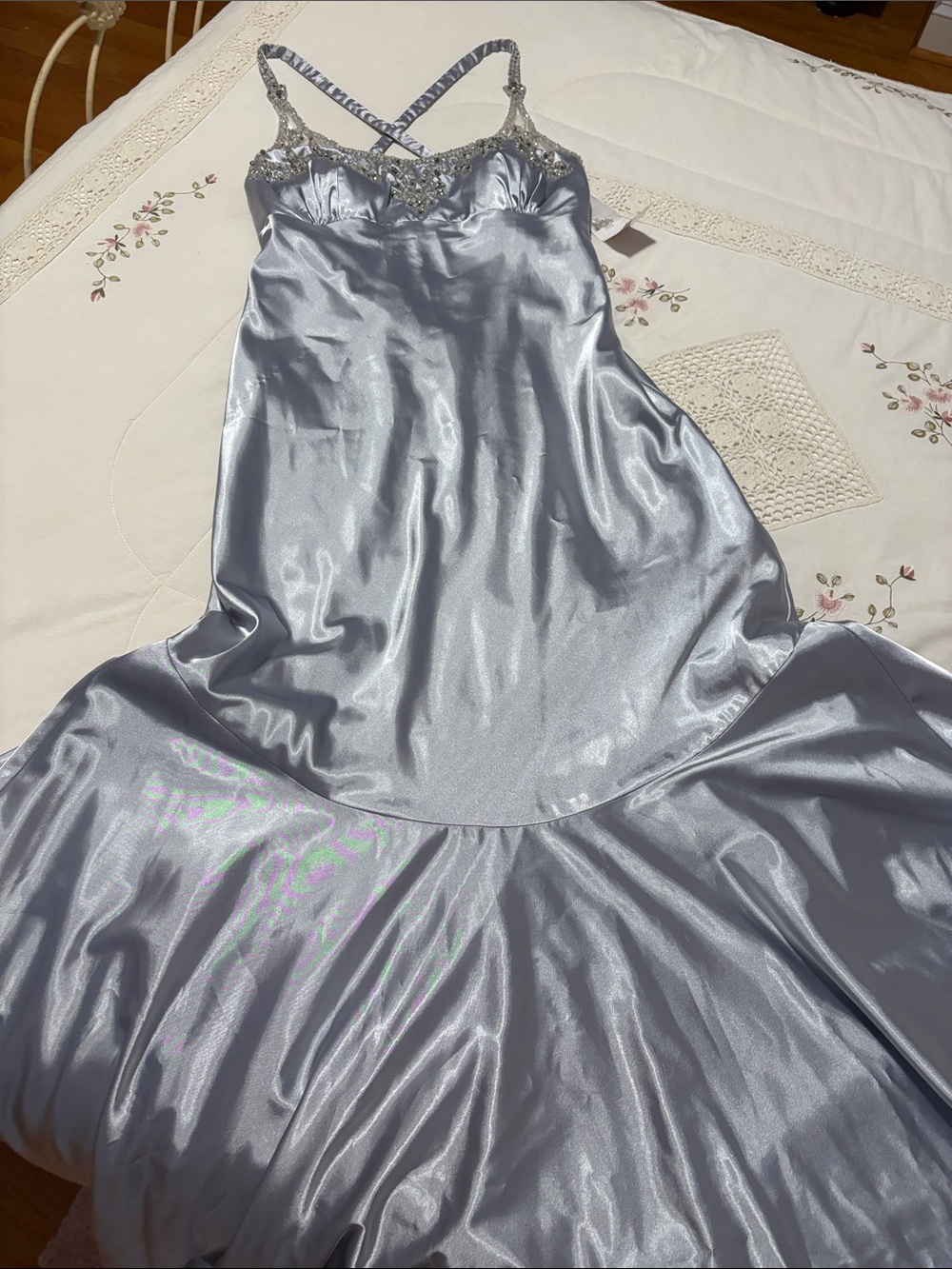Elegant Ice Blue Satinlike Slip Dress with Beaded Trim and Fantail